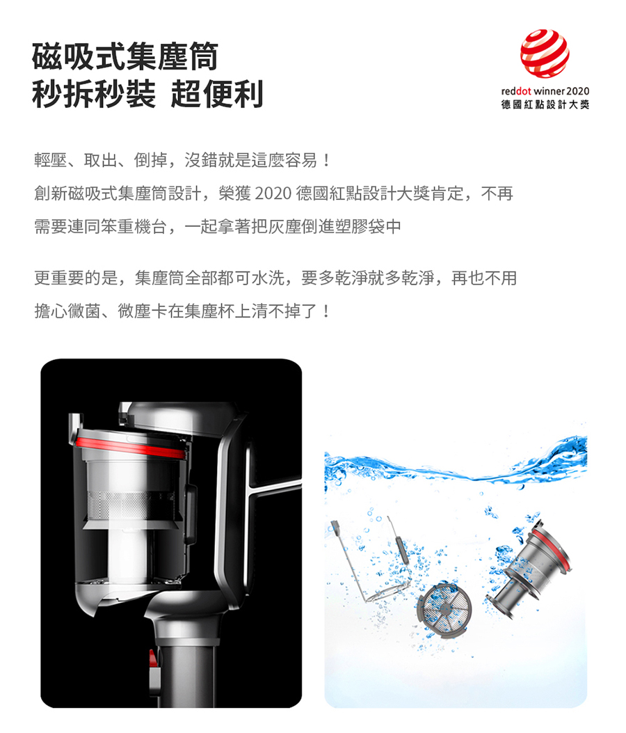 創新磁吸式集塵筒設計,榮獲2020 德國紅點設計大獎肯定,不再