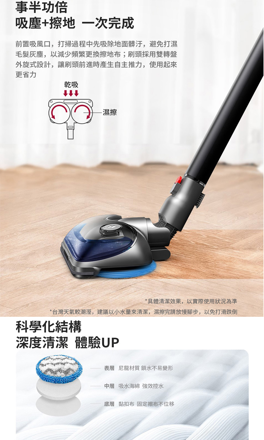 台灣天氣較潮溼,建議以小水量來清潔,濕擦完請放慢腳步,以免打滑跌倒