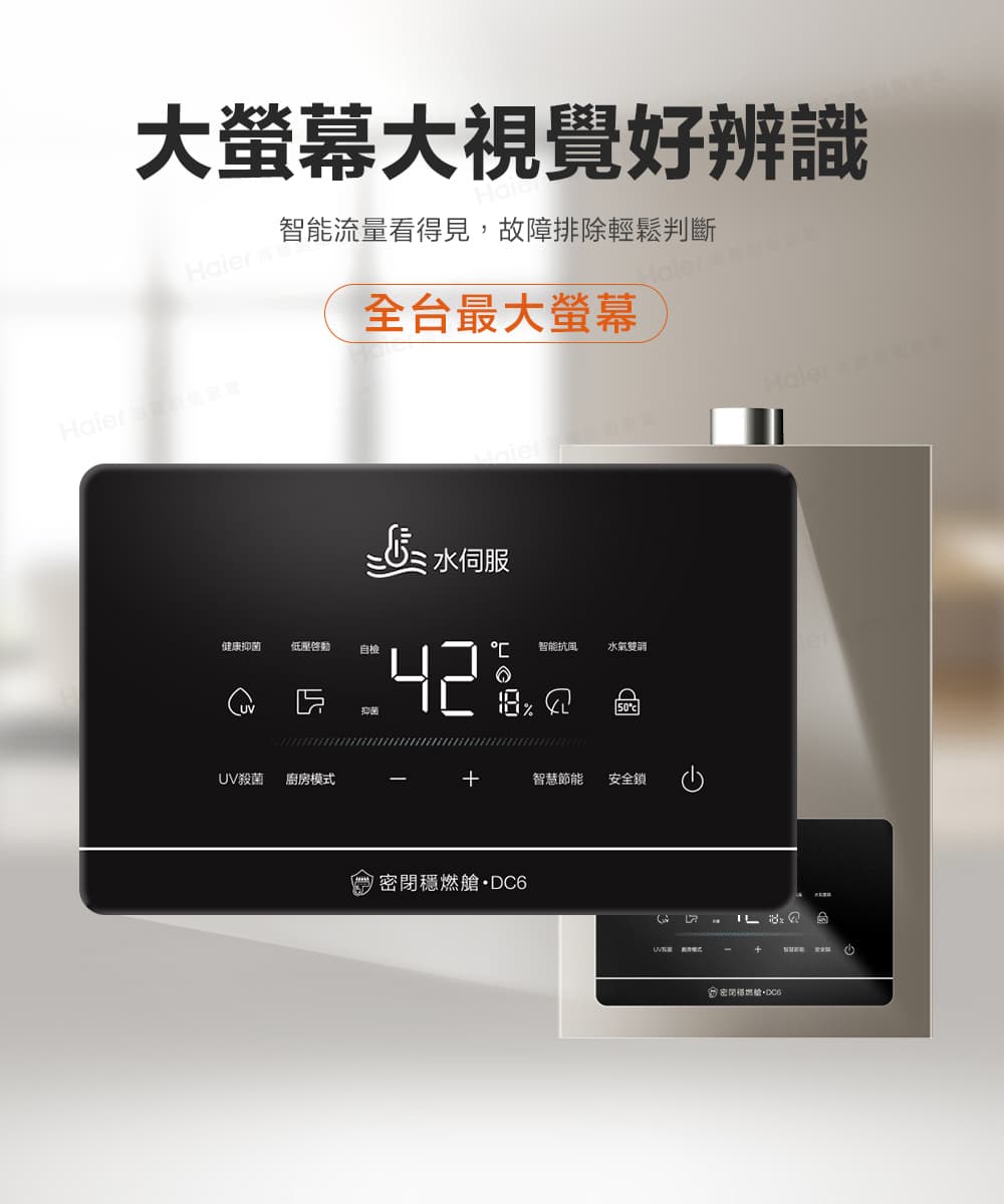 大螢幕大視覺好辨識智能流量看得見,故障排除輕鬆判斷全台最大螢幕抑菌 水伺服42健康抑菌低壓自檢智能抗風水氣雙50UV殺菌 廚房模式+智慧節能 安全鎖艙DC6 密閉燃