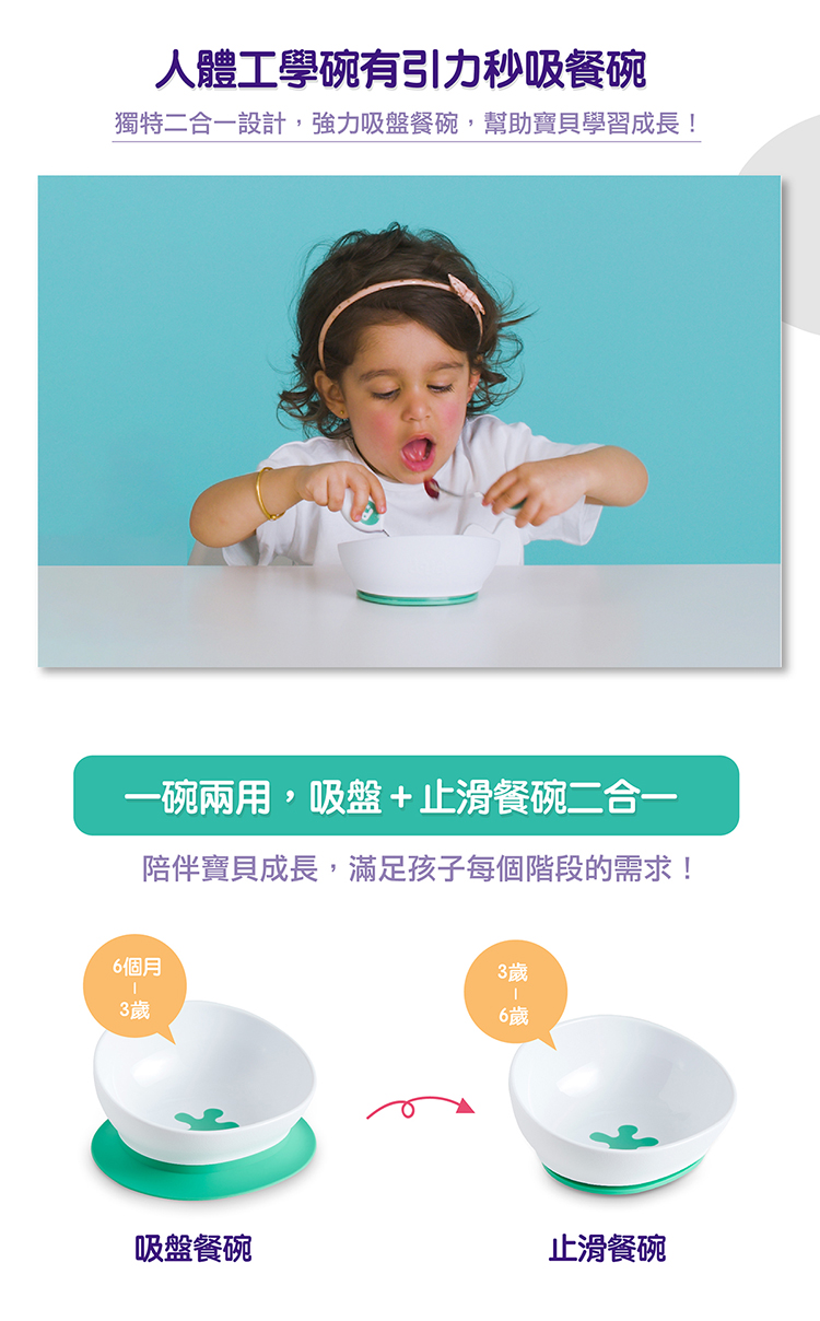 獨特二合一設計,強力吸盤餐碗,幫助寶貝學習成長