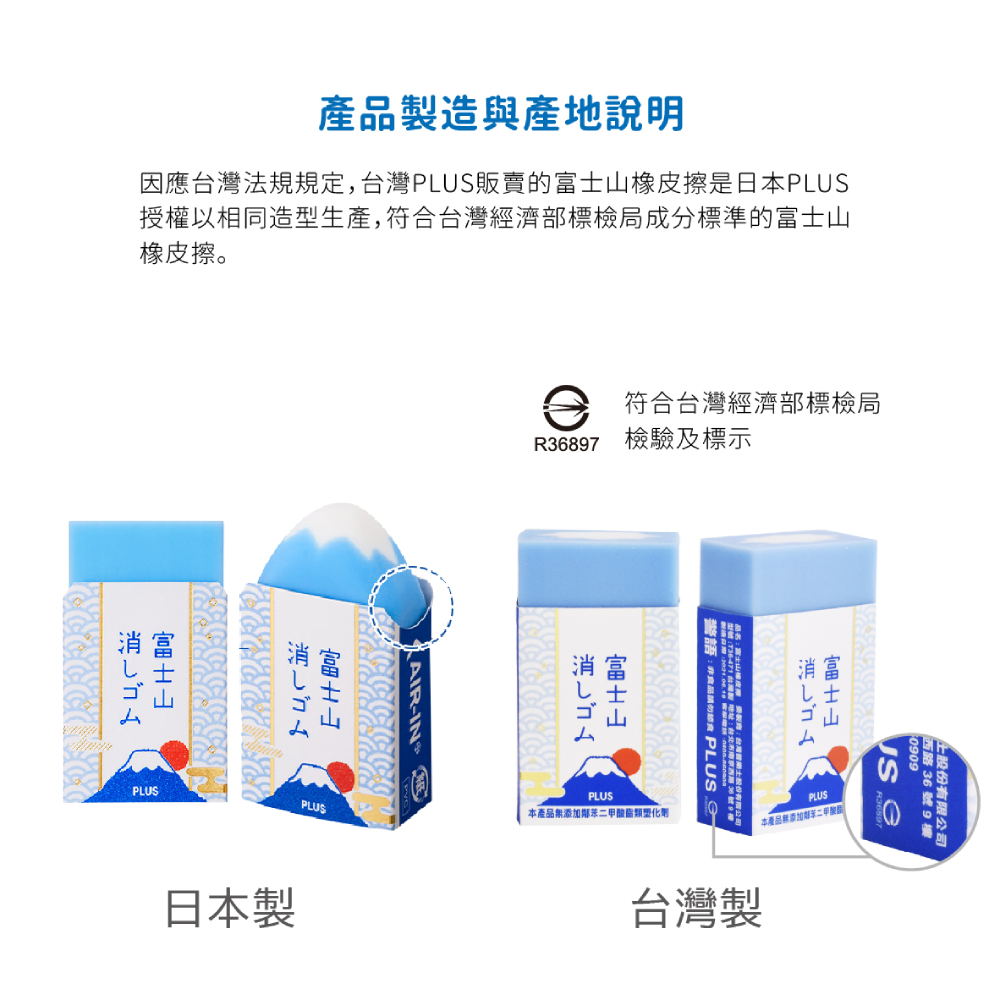 因應台灣法規規定,台灣PLUS販賣的富士山橡皮擦是日本PLUS