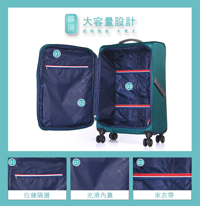 拉鍊隔層 擴大容量設計 超级能装大胃王 光滑內裏 束衣帶 