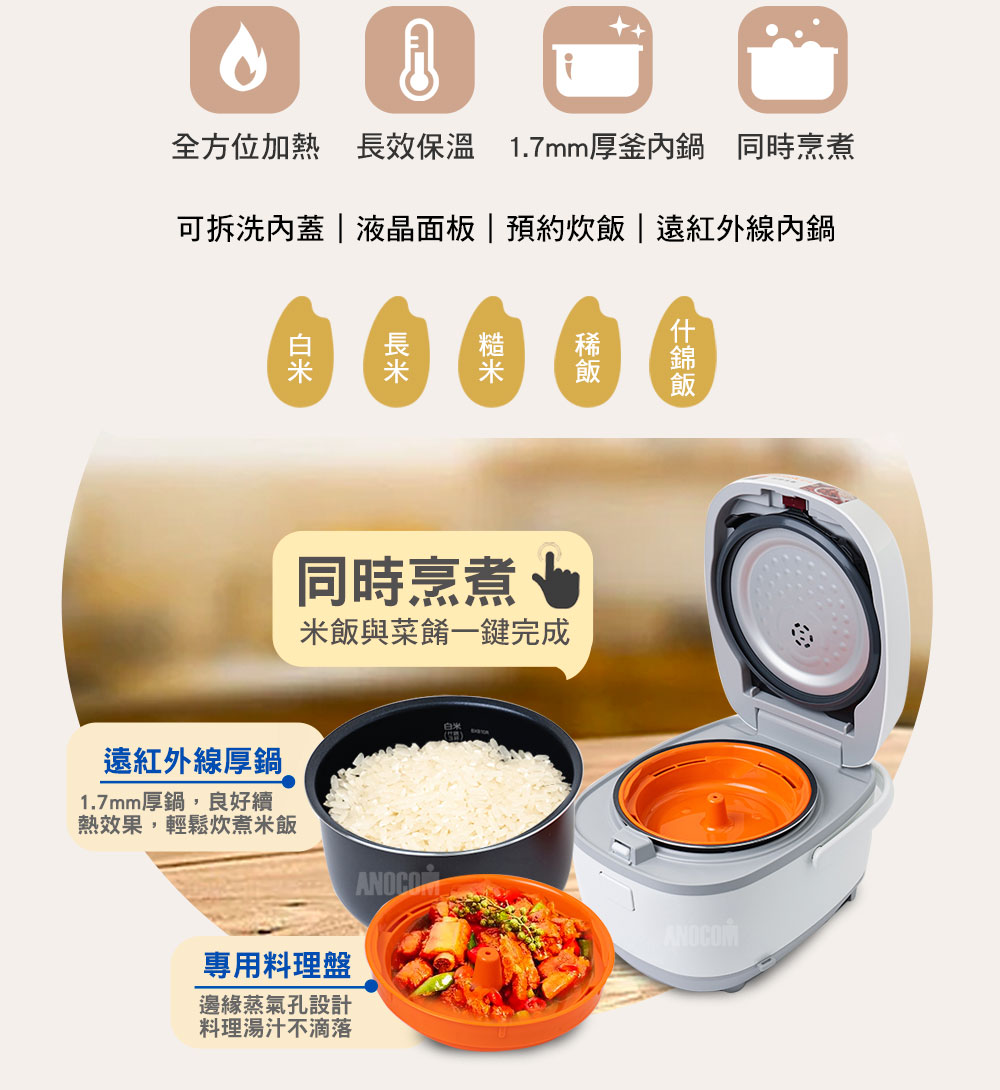 全方位加熱長效保溫 1.7mm厚釜內鍋 同時烹煮