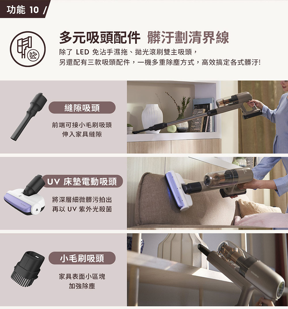 另還配有三款吸頭配件,一機多重除塵方式,高效搞定各式髒汙