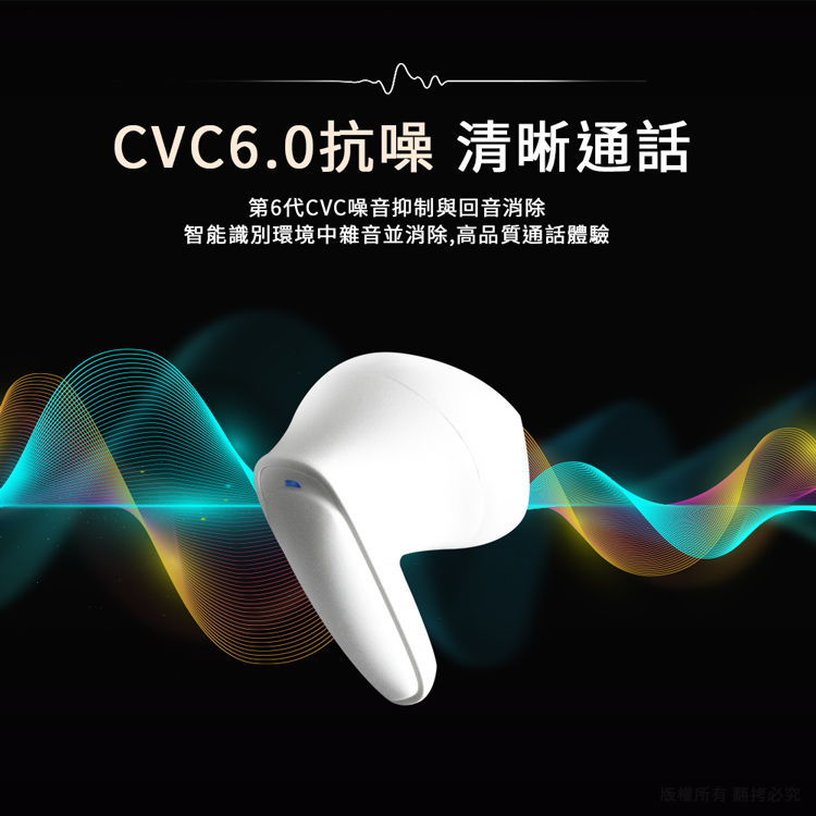 CVC6.0抗噪 清晰通話 第6代CVC噪音抑制與回音消除 智能識別環境中雜音並消除,高品質通話體驗 版權所有 翻拷必究 
