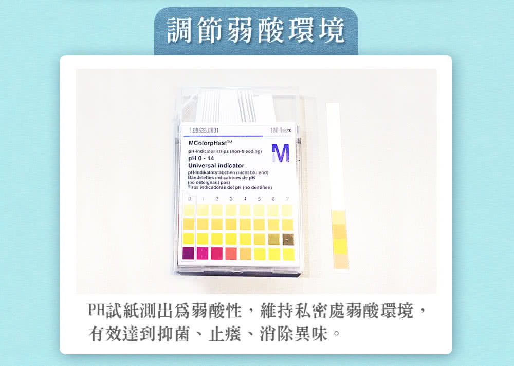 調節弱酸環境 PH試紙測出爲弱酸性,維持私密處弱酸環境, 有效達到抑菌、止癢、消除異味。 