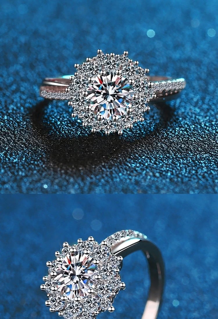 巴黎精品 莫桑鑽戒指925純銀銀飾(立體太陽花1克拉浪漫婚戒