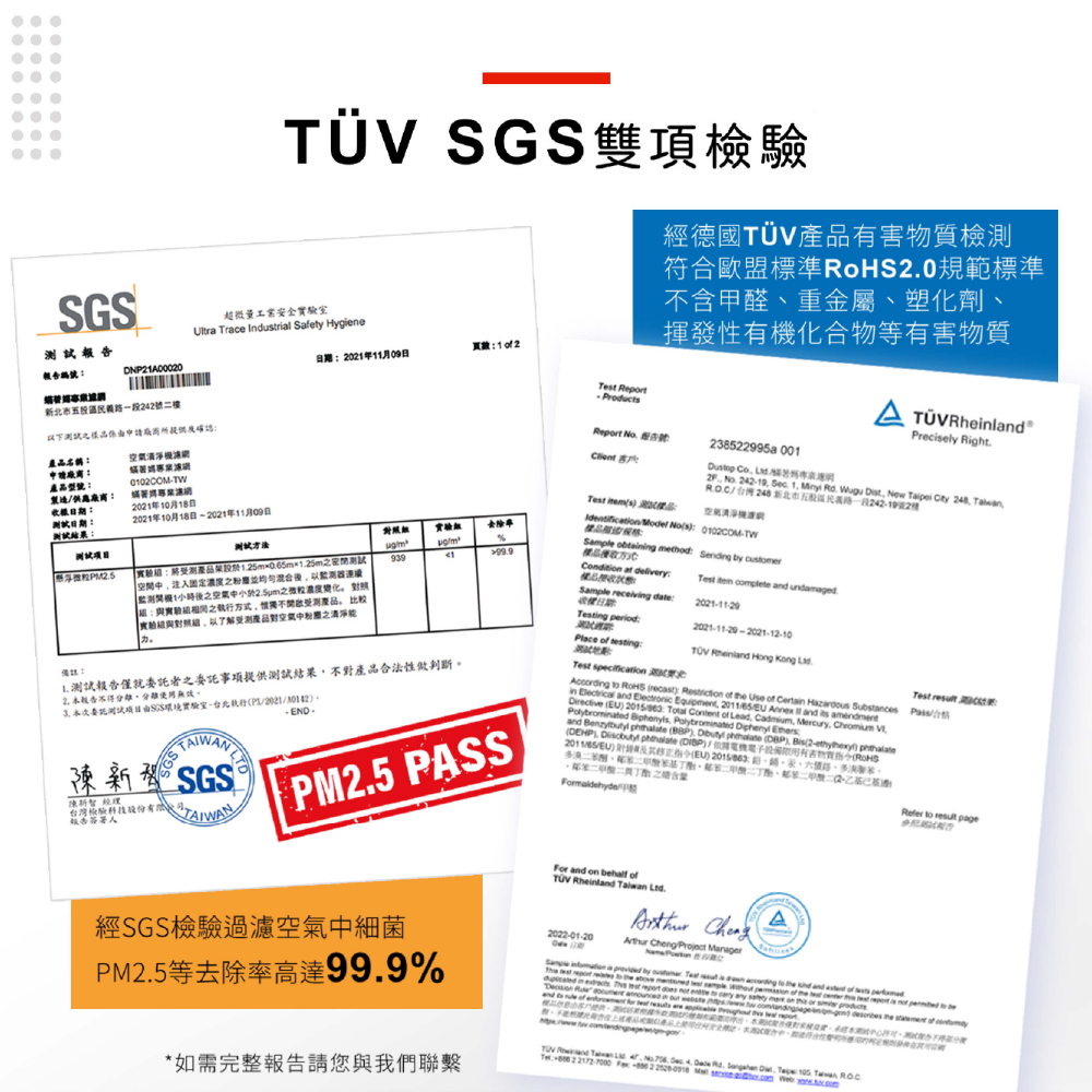 項檢驗SGS超微量安全室Ultra race Indutrial Safety Hygiene報告編DINPA00020202年11月09日242Tet Report Products經德國害物質檢符合歐盟標準20規範標準含甲醛重金屬塑化劑揮發性化合物等有害物質 Precily Right下樣品所提供名稱申產品型號TW製造供應廠商2021年10月18日日期2021年10月18日2021年11月09日試測試法PM25備註:測產品25m065m×125m固定以器連續監測1小時後濃度:方式不測產品 比较以了解受產品之939實驗1 測試報告僅就委託者之委託事項提供測試結果不對產品合法性做判斷2 本報告不得。本由SGS2021。陳新SGS 報告人請有 TAIWAN PM25 PASSReport  號:  s 22322995a 001      1  .  Dist. New  City  新北市民一段24219號2樓機 Model Nos: -TWSample obtaing : Sending by 方Condition at delivery:Sample receiving date:Testing period:Place  testing:Test specificationTest   and TÜV Rheinland   . to   Restriction of the Use of Certain  Substancesin Electrical and Electronic Equipment 2011  and  amendment    Content of Lead Cadmium Mercury    Polybrominated  and      ) Bis2-) DEHP).   DBP)/電機有(RoHS2011/85/EU) (EU)路、、,二之Test Refer to result page經SGS檢驗過濾空氣中細菌PM2.5等去除率高達99.9%or and on  ofTÜV Rheinland    Cheng Project nager*如需完整報告請您與我們聯繫  .   Rd.  ,  ,  .T- F- 2  Ma se