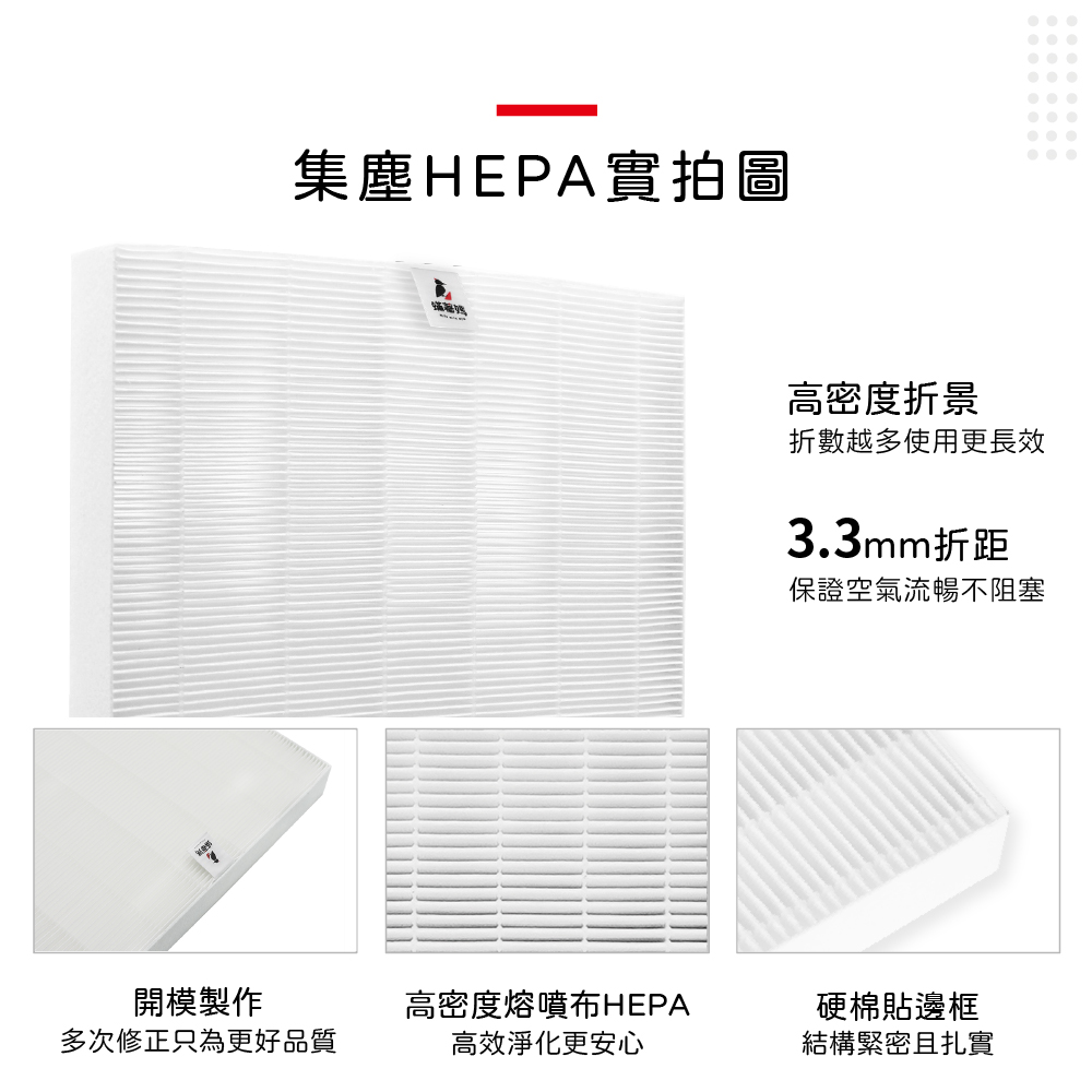 集塵HEPA實拍圖開模製作多次修正只為更好品質高密度熔噴布HEPA高效淨化更安心高密度折景折數越多使用更長效3.3mm折距保證空氣流暢不阻塞硬棉貼邊框結構緊密且扎實