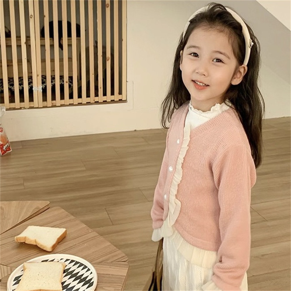 安朵童舖 現貨韓版女童甜美糖果色針織外套兒童木耳花邊針織開衫