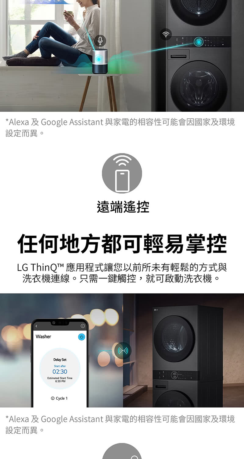 *Alexa 及Google Assistant 與家電的相容性可能會國家及環境設定而異。遠端遙控任何地方都可輕易掌控LG ThinQT™ 應用程式讓您以前所未有輕鬆的方式與洗衣機連線。只需一鍵觸控,就可啟動洗衣機。WasherDelay SetStart after02:30Estimated Start Time6:30 PM① Cycle 1*Alexa 及Google Assistant 與家電的相容性可能會國家及環境設定而異。