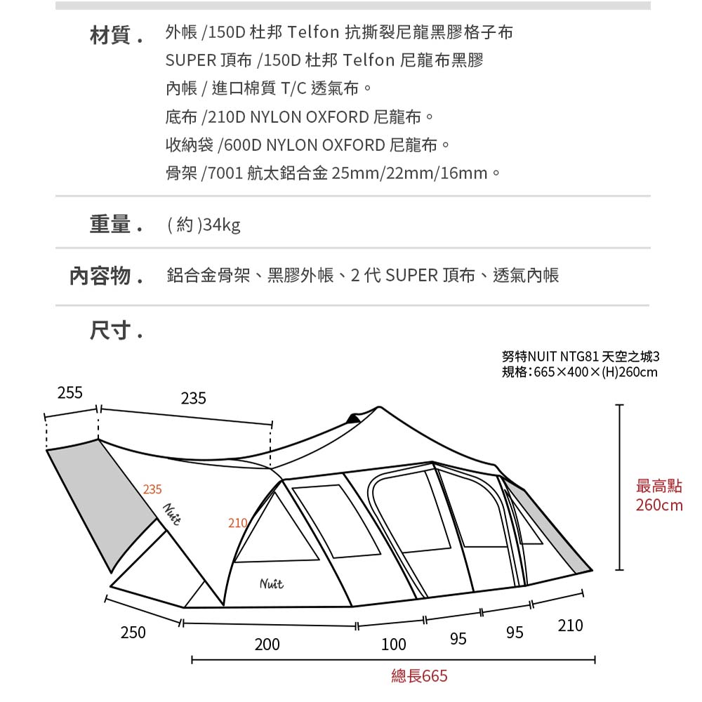 材質. 外帳 150D 杜邦 Telfon 抗撕裂尼龍黑膠格子布