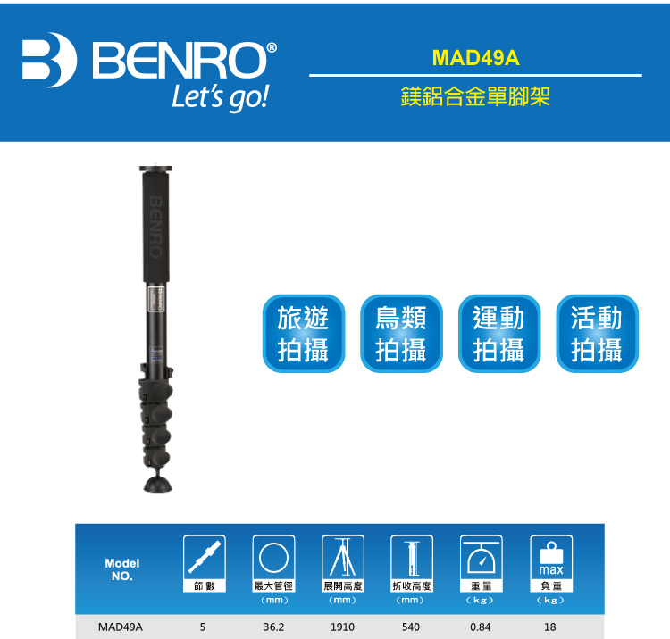 BENRO 百諾 MAD49A 鎂鋁合金單腳架(勝興公司貨)