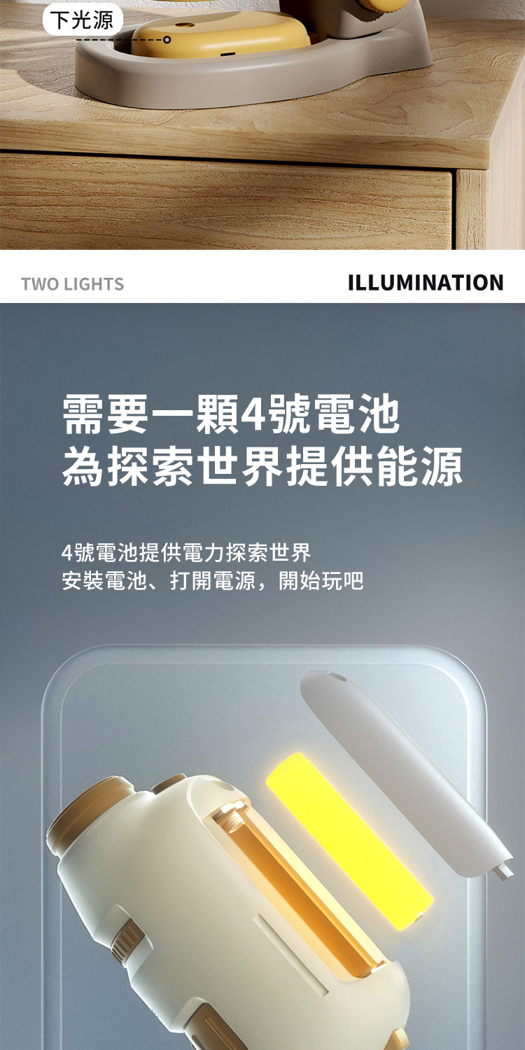 下光源 需要一顆4號電池 為探索世界提供能源 4號電池提供電力探索世界 安裝電池、打開電源,開始玩吧