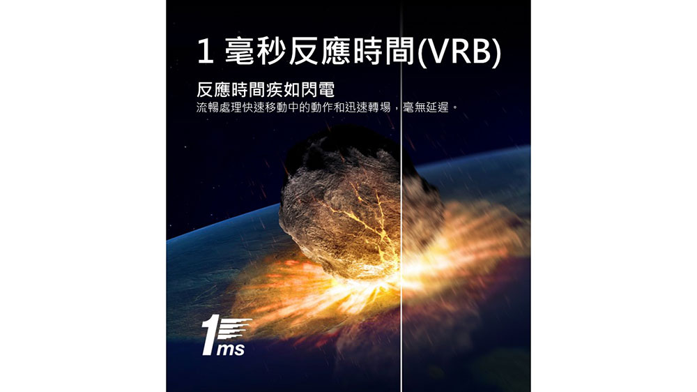 1毫秒反應時間VRB 反應時間疾如閃電 流暢處理快速移動中的動作和迅速轉場,毫無延遲。 