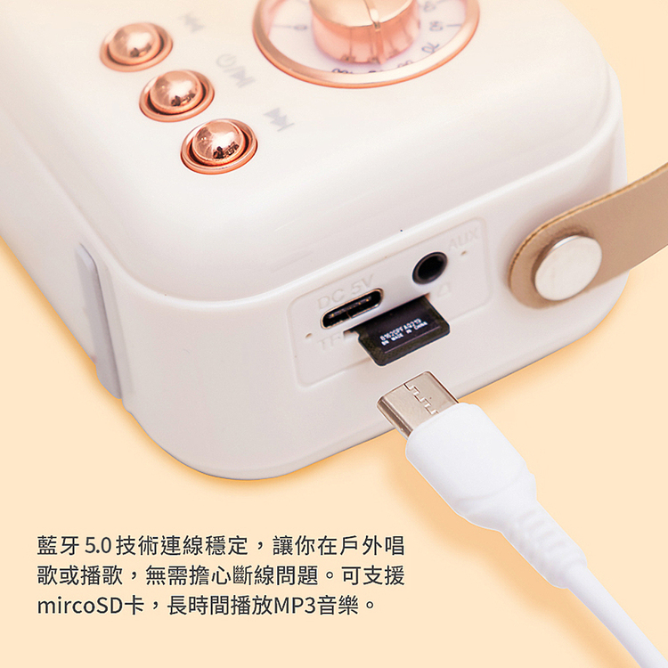 藍牙5.0 技術連線穩定,讓你在戶外唱 歌或播歌,無需擔心斷線問題。可支援 mircoSD卡,長時間播放MP3音樂。 