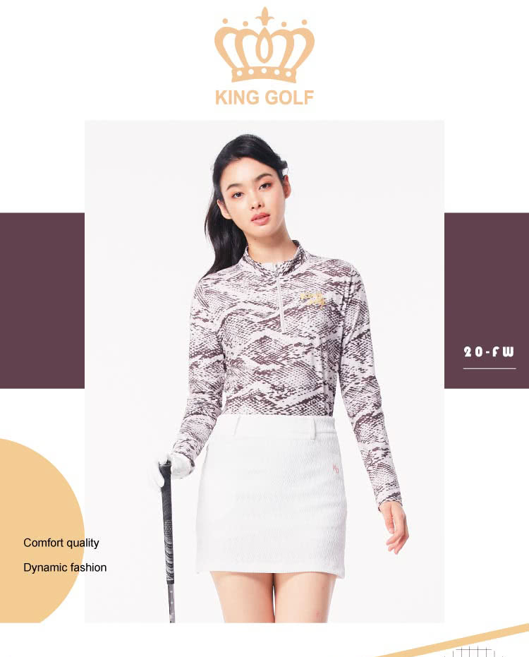 KING GOLF 滿版印花貼鑽涼感小立領拉鍊長袖POLO衫