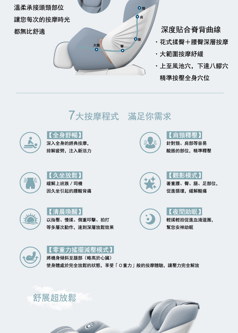 使身體處於完全放鬆的狀態,享受O重力般的按摩體驗,讓壓力完全解放