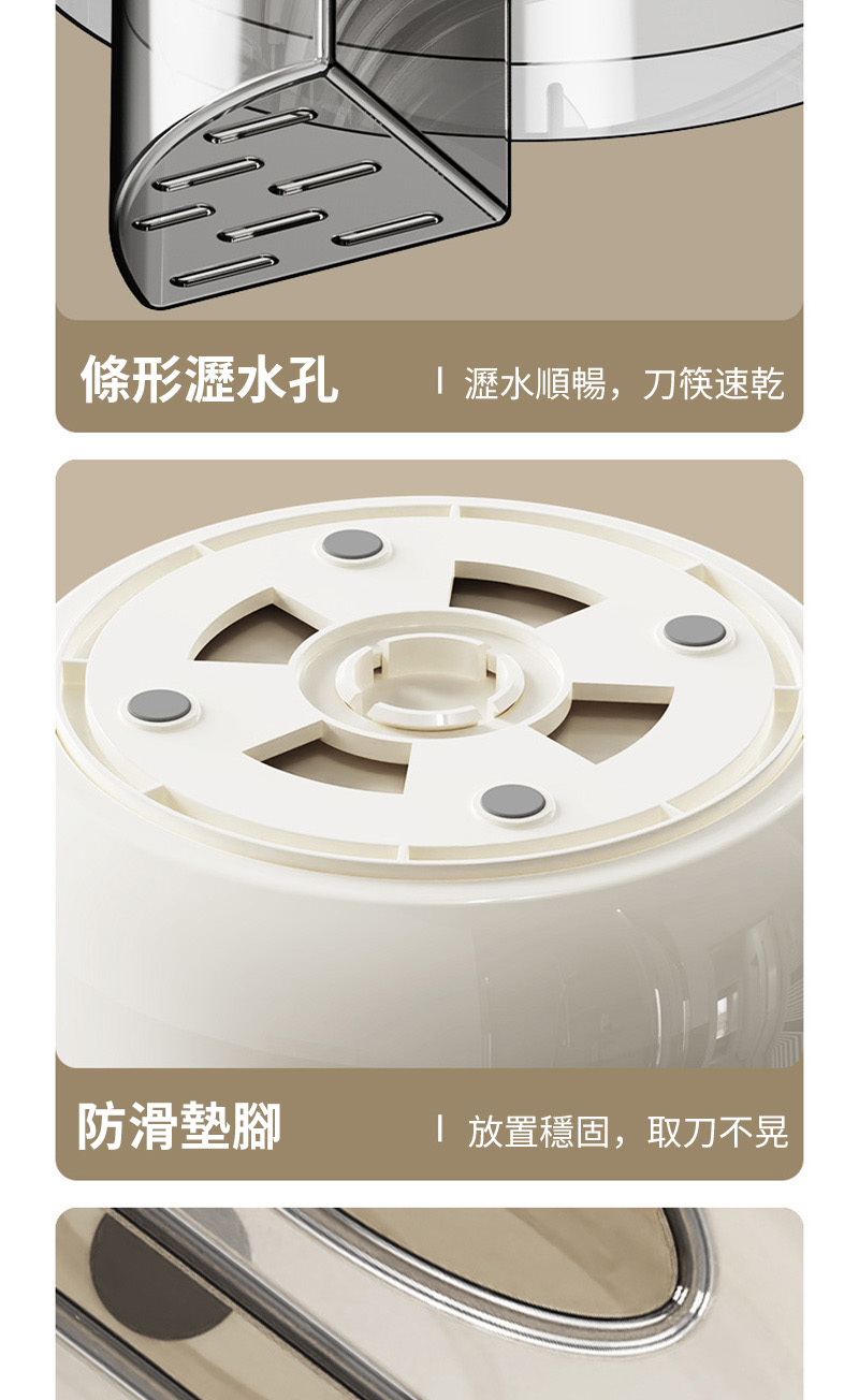 條形瀝水孔 防滑墊腳 1瀝水順暢,刀筷速乾 1 放置穩固,取刀不晃 