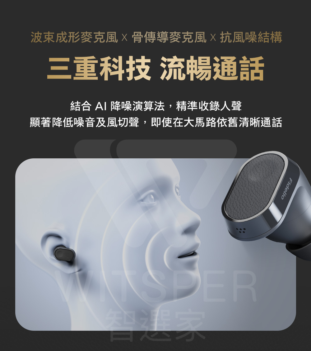 波束成形麥克風骨傳導麥克風X抗風噪結構 三重科技 流暢通話 結合 AI 降噪演算法,精準收錄人聲 顯著降低噪音及風切聲,即使在大馬路依舊清晰通話 