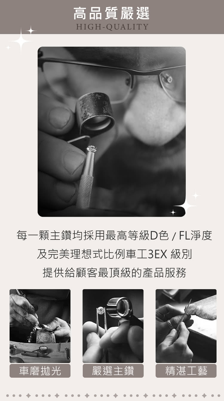 每一顆主鑽均採用最高等級D色FL淨度