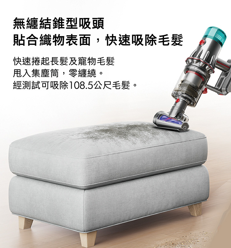 無纏結錐型吸頭 貼合織物表面,快速吸除毛髮 快速捲起長髮及寵物毛髮 甩入集塵筒,零纏繞。 經測試可吸除108.5公尺毛髮。 