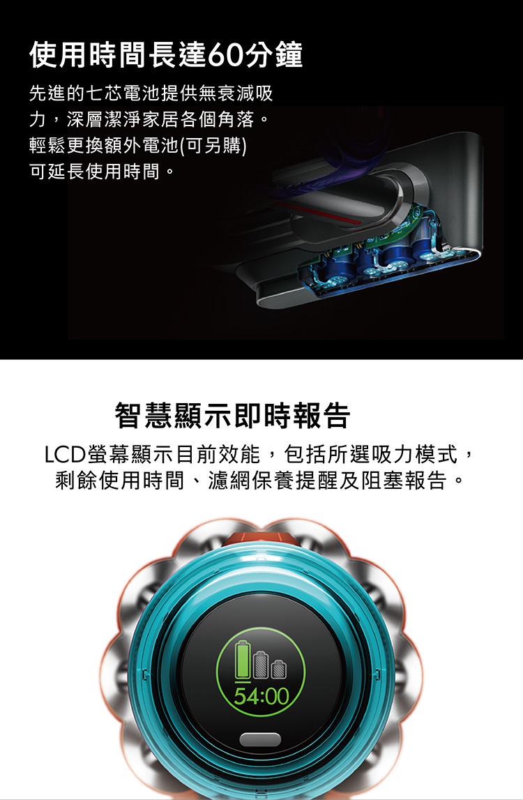 LCD螢幕顯示目前效能,包括所選吸力模式,