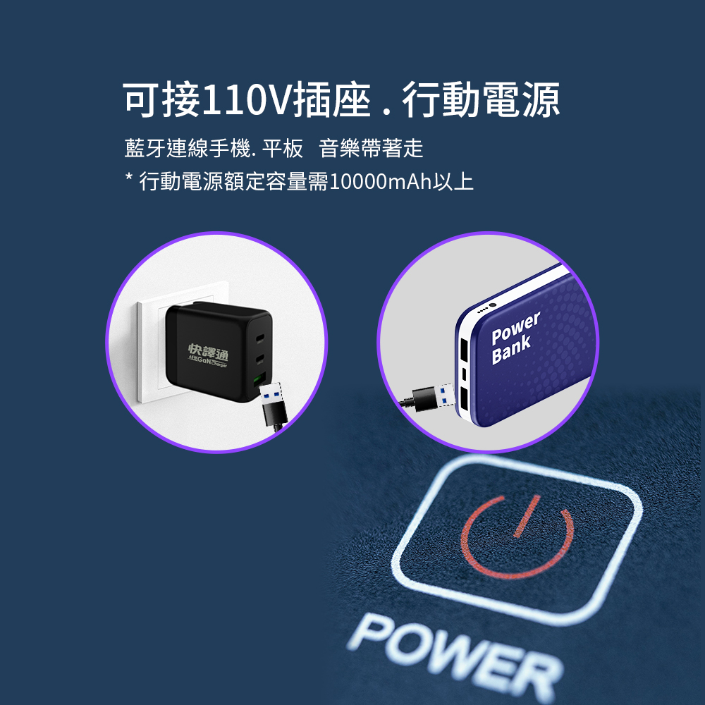 可接110V插座.行動電源 藍牙連線手機. 平板 音樂帶著走 行動電源額定容量需10000mAh以上 快譯通 