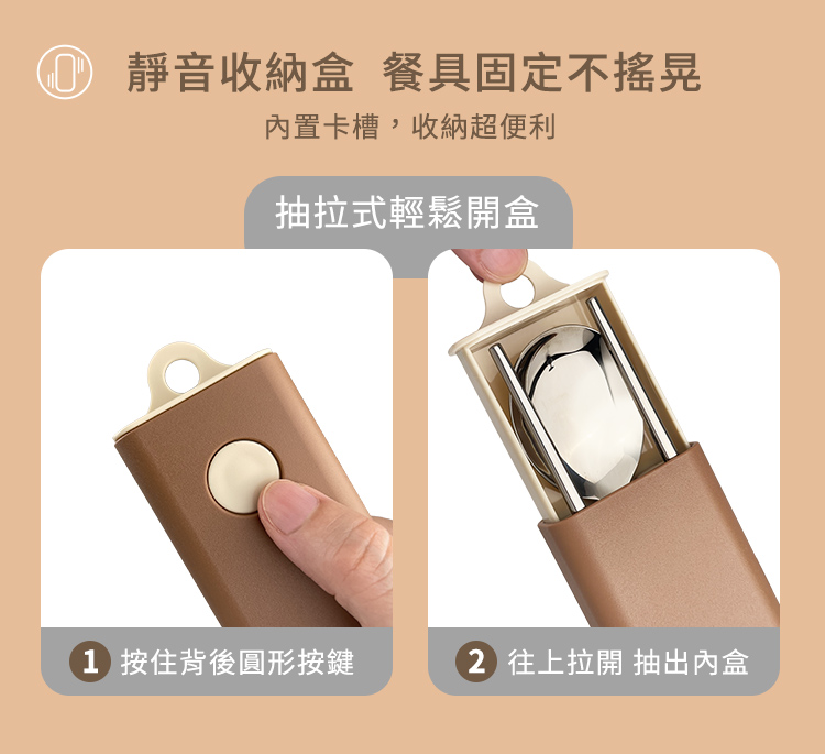 靜音收納盒 餐具固定不搖晃 內置卡槽,收納超便利 抽拉式輕鬆開盒 1 按住背後圓形按鍵 2 往上拉開 抽出內盒 