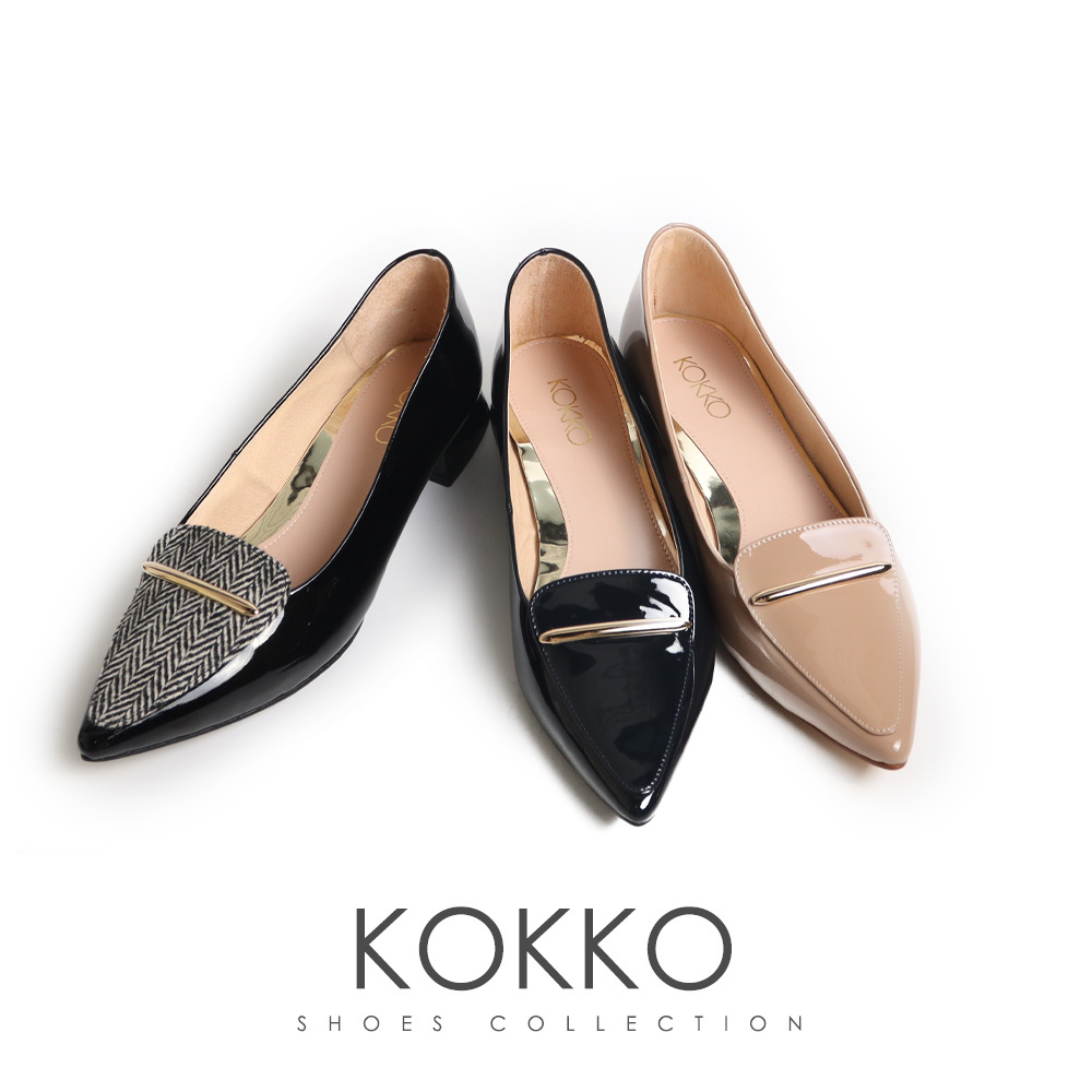 KOKKO 集團 簡約金飾扣尖頭低跟漆皮包鞋(卡其色) 推薦