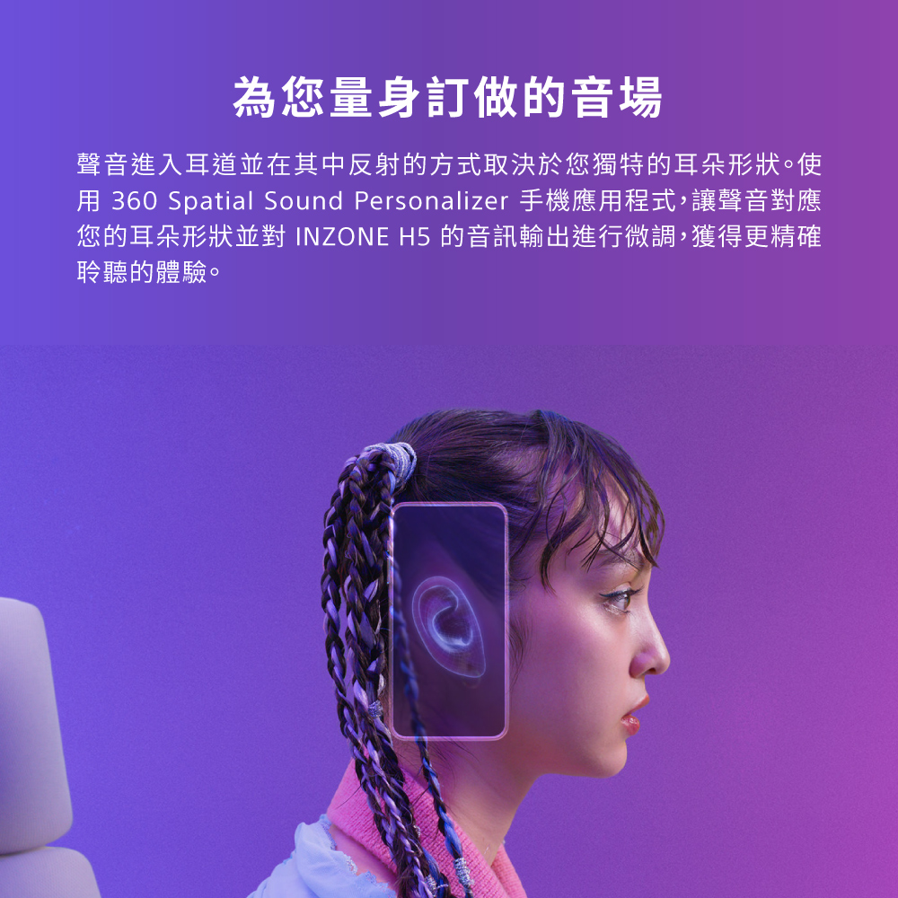 為您量身訂做的音場 聲音進入耳道並在其中反射的方式取決於您獨特的耳朵形狀。使 用 360 Spatial Sound Personalizer 手機應用程式,讓聲音對應 您的耳朵形狀並對 INZONE H5 的音訊輸出進行微調,獲得更精確 聆聽的體驗。 