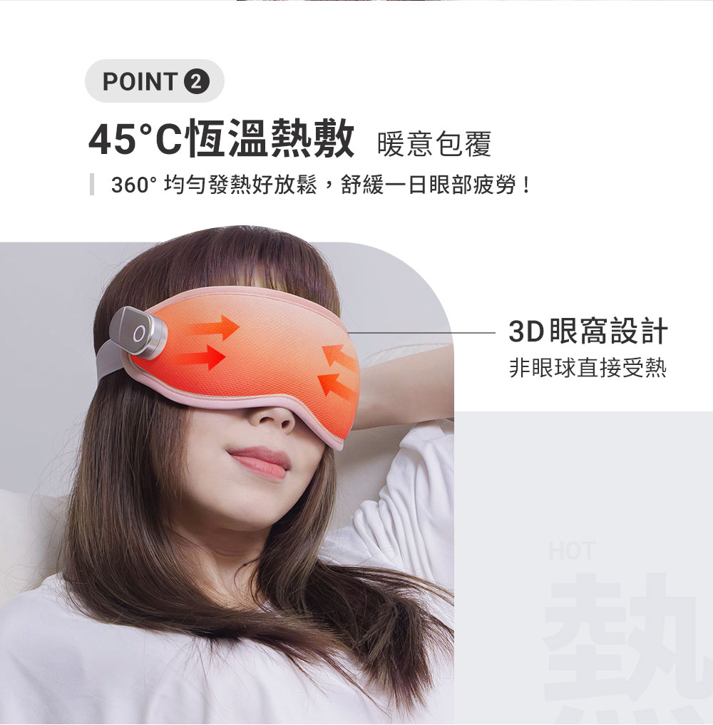 45C恆溫熱敷暖意包覆 360 均勻發熱好放鬆,舒緩一日眼部疲勞 3D眼窩設計 非眼球直接受熱 