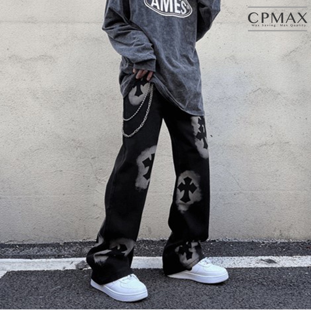 CPMAX 十字架率性街頭牛仔褲(休閒長褲 復古字母嘻哈牛仔