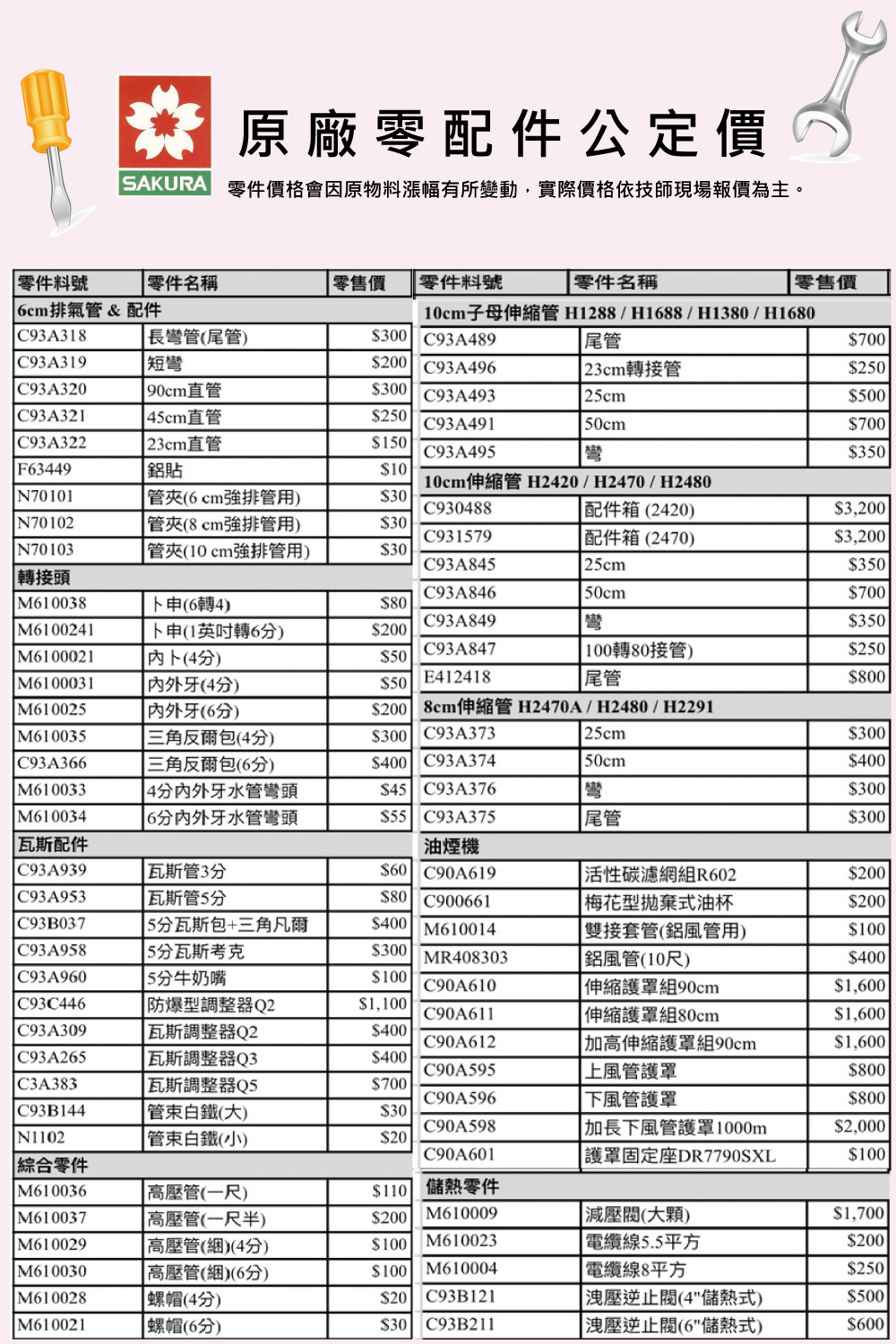 SAKURA 零件價格會因原物料漲幅有所變動,實際價格依技師現場報價為主。