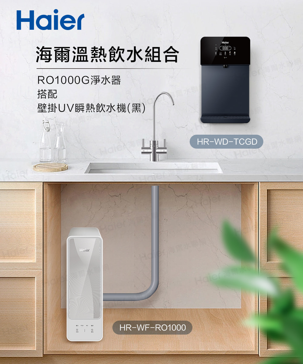 Haier溫熱飲組合888RO1000G淨水器搭配壁掛瞬熱飲水機(黑)HR-WF-R01000HR-WD-TCGD海爾水