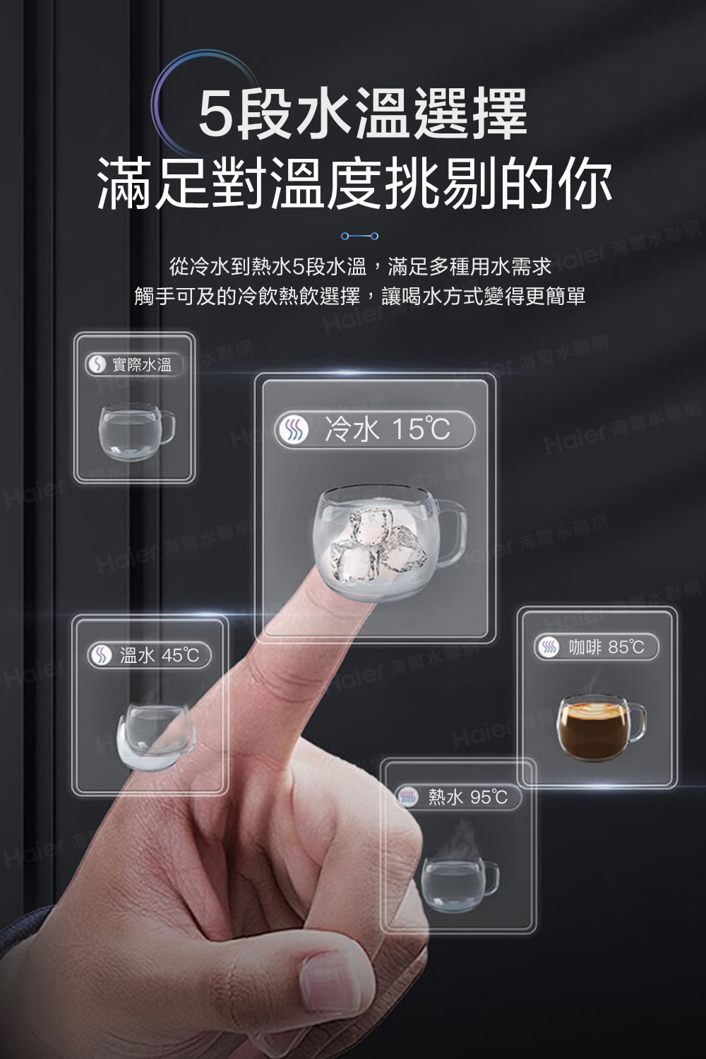 從冷水到熱水5段水溫,滿足多種用水需求 aier 海爾水聯網