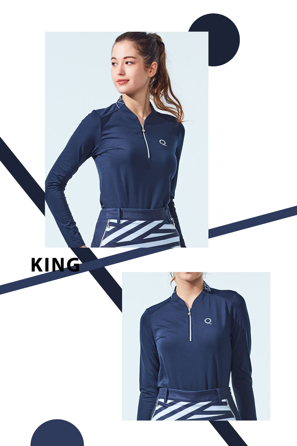 KING GOLF 門市新品-女款素面領片線條感微立領拉鍊上