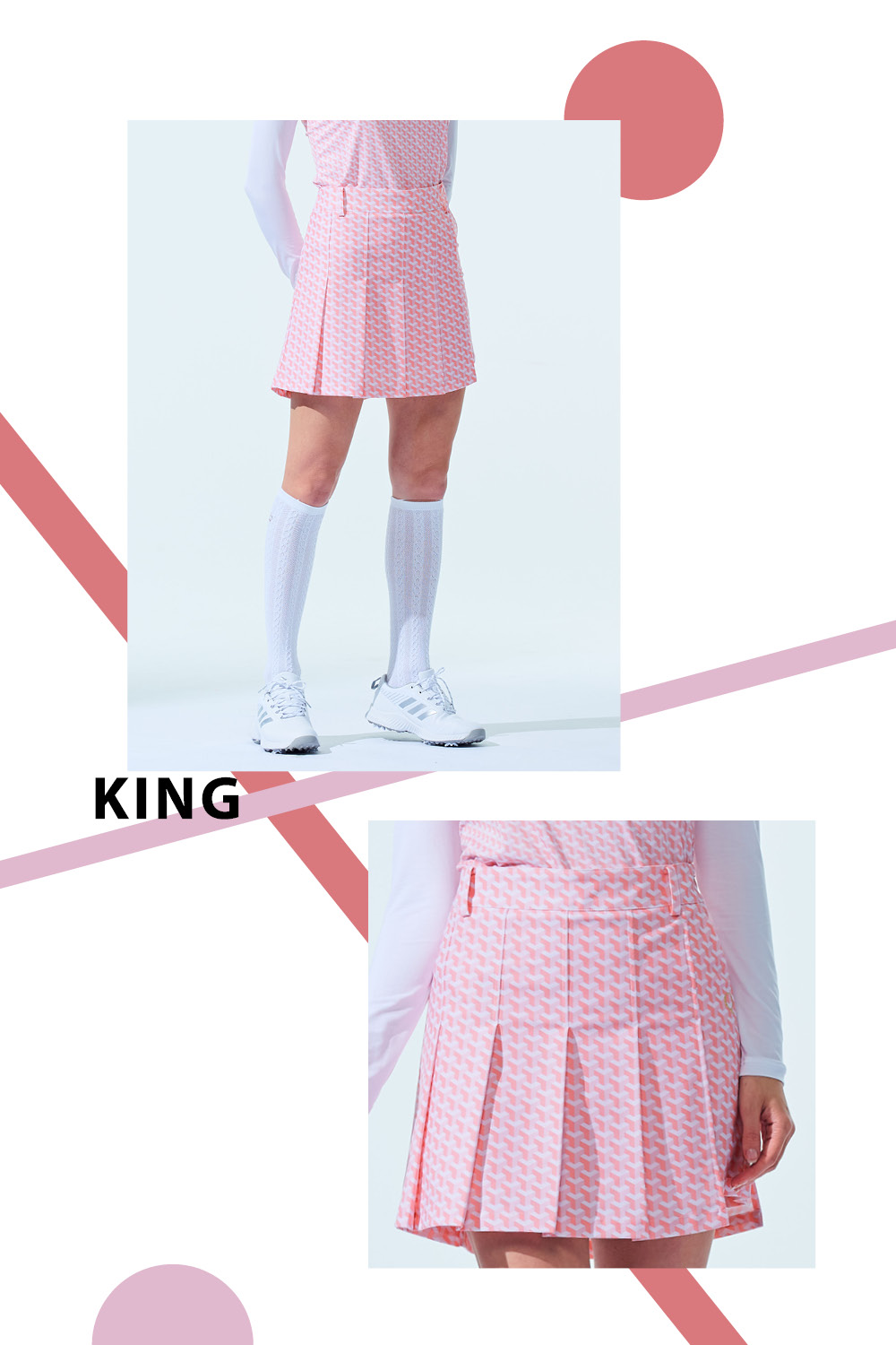 KING GOLF 門市新品-女款滿版立體幾何印花百褶高爾夫