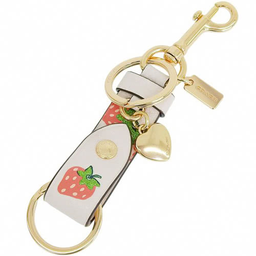 COACH 白x草莓皮革包包掛飾雙圈鑰匙圈好評推薦