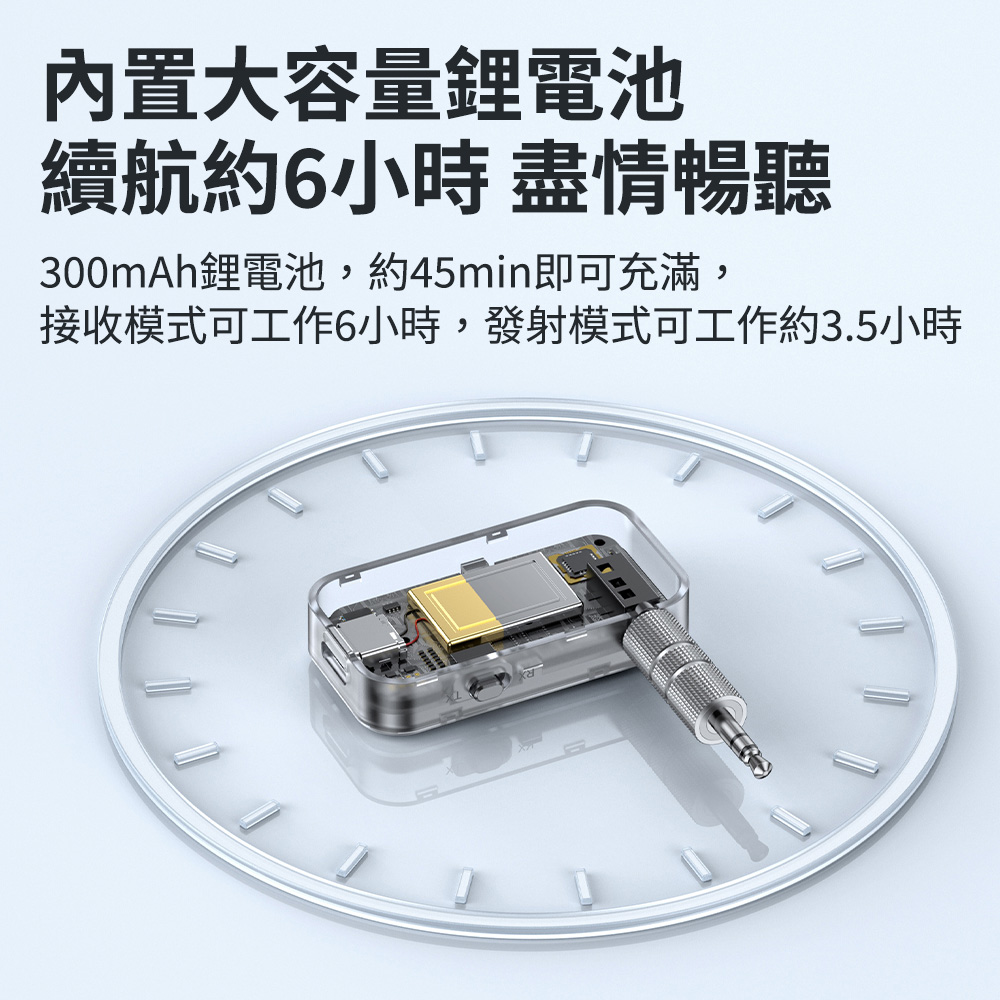 內置大容量鋰電池 續航約6小時 盡情暢聽 300mAh鋰電池,約45min即可充滿, 接收模式可工作6小時,發射模式可工作約3.5小時 