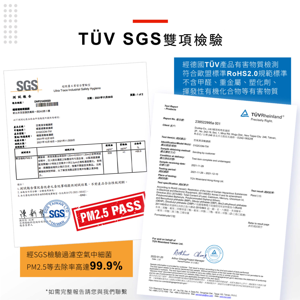 TÜ SGS雙項檢驗經德國害物質檢符合歐盟標準0規範標準報告編含甲醛重金屬塑化劑揮發性化合物等有害物質TÜV RhelPreiely RightSGS報告超微量安全室 Trace Industrial Safety Hygieneof2202年11月09日DNP21A00020Test Report北市22Products下測試樣品係由所提供及確認產品名稱申請產品型製造TW2021年10月18日測試日期測試2021年10月18日 2021年11月09日測試方法懸浮微粒PM25Report  號 939999Condition at deliverySample receiving dateTesting periodPlace of testing::測產品架設25m065m125m固定濃以1小時後空小於微粒濃度:實驗之執行方式不測產品比較實驗與以了解受產品空氣度之1 測試報告僅就委託者之委託事項提供測試結果不對產品合法性判斷備註:2. 本報告不得由SGS實驗室執行2021。 陳新SGS®經理報告簽署人股份有 PM2.5 PASSTest s :238522995a 001Dusp  氣2   . 1  .  . New    新北市五股民一段242-19號2樓空氣機Identification Model Nos: 0102COM-TWSample obtaining method: Sending by customerTest specificationTest  complete and undamaged.2021-11-29-2021-12-10 Rheinland Hong Kong According to  : Restriction of the Use of   Substancesin Electrical and Electronic Equipment 2011/  and  amendmentDirective   Total Content of Lead Cadmium Mercury  VPolybrominated  Polybrominated Diphenyl Ethersand   )   DBP) 2-) (DEHP).  phthalate ()/(依據電機做有(RoHS2011//EU) (EU)路、號)、二之Test  :Refer to  pageFor and on behalf ofTÜV Rheinland   經SGS檢驗過濾空氣中細菌2022-01-20 Cheng Project ManagerPM2.5等去除率高達99.9%*如需完整報告請您與我們聯繫TOV and   c 4  Rd.  ,