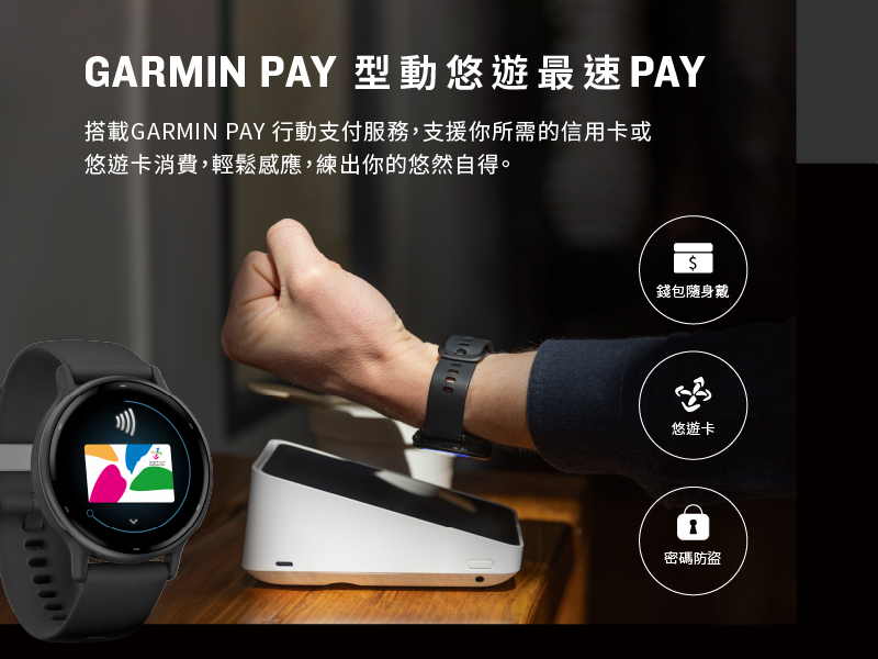 搭載GARMIN PAY 行動支付服務,支援你所需的信用卡或