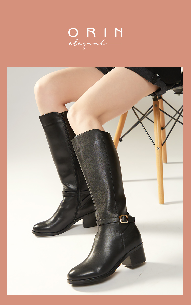 ORIN 牛皮繞踝皮帶釦粗跟長靴(黑色)品牌優惠