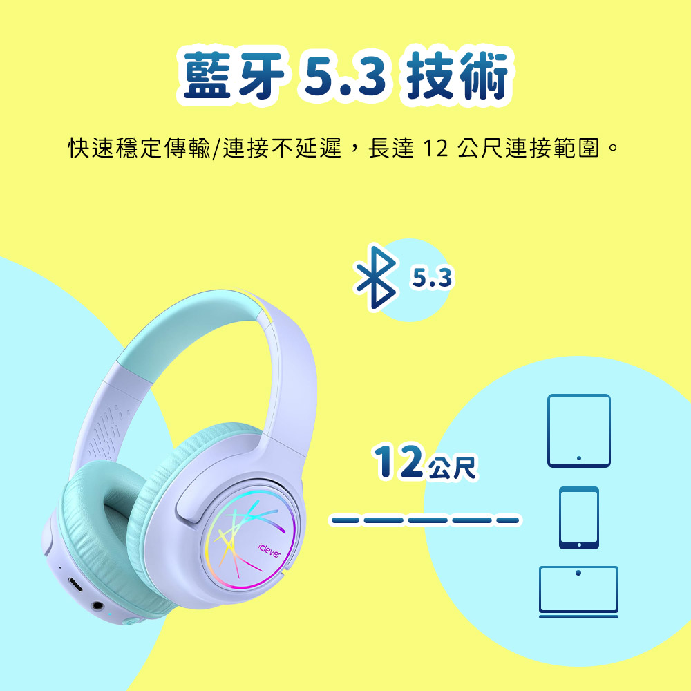 藍牙 5.3 技術 快速穩定傳輸連接不延遲,長達 12 公尺連接範圍。 12公尺 