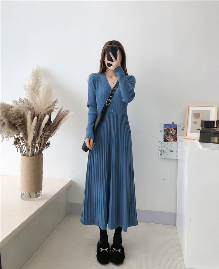 *katieQ 收腰顯瘦V領針織連衣裙好評推薦