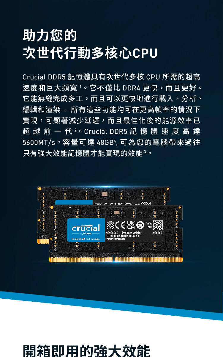 Crucial 美光】DDR5 5600 96GB(48GB x2筆電記憶體CT2K48G56C46S5