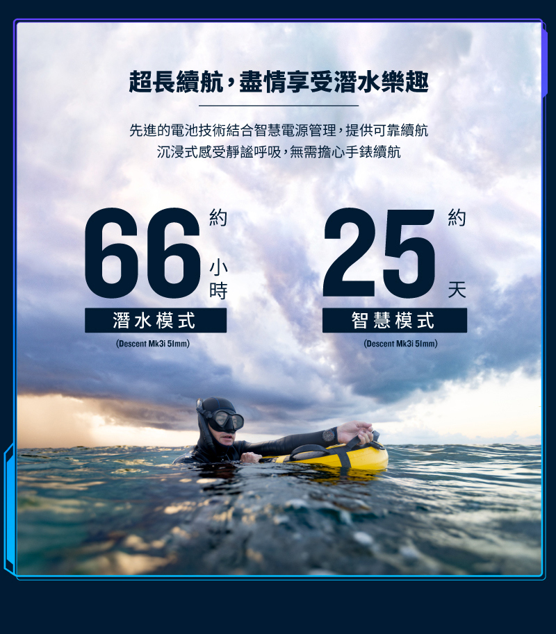 超長續航,盡情享受潛水樂趣 先進的電池技術結合智慧電源管理,提供可靠續航 沉浸式感受靜謐呼吸,無需擔心手錶續航 智慧模式 潛水模式 
