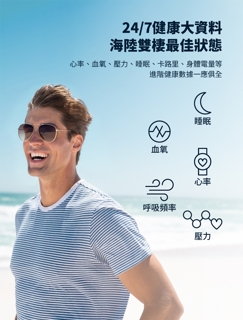 心率、血氧、壓力、睡眠、卡路里、身體電量等