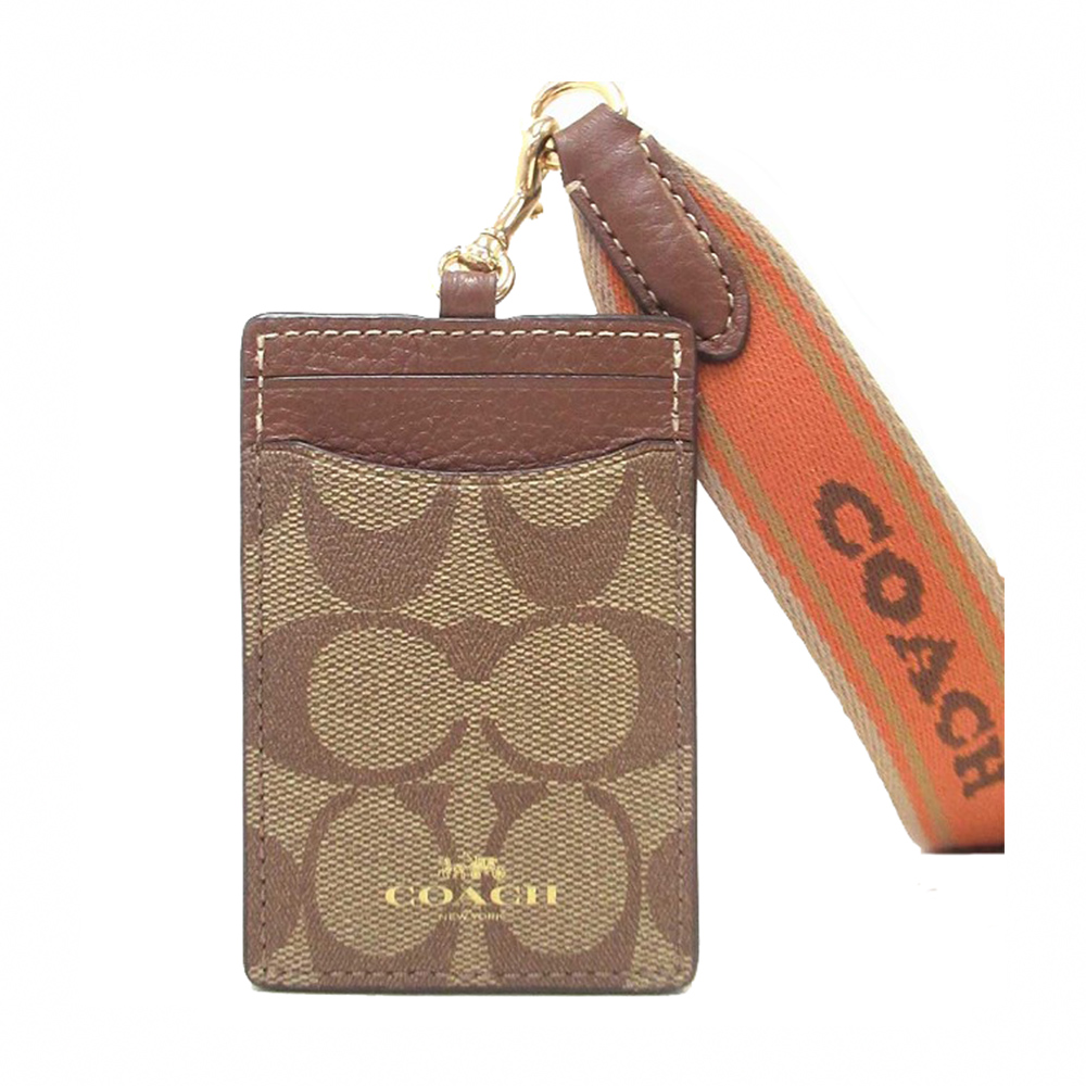 COACH 特殊設計款焦糖c logo織紋背帶掛脖證件夾(C