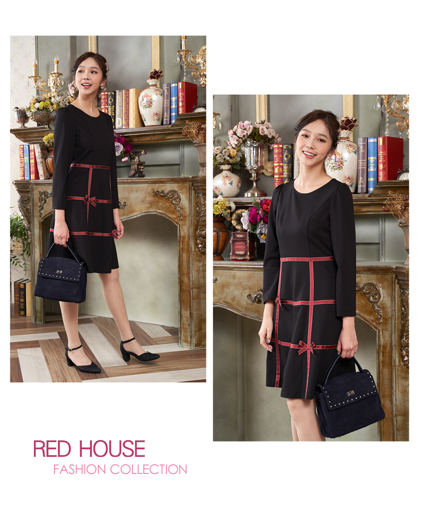 RED HOUSE 蕾赫斯 素雅蝴蝶結織帶點綴洋裝(黑色) 